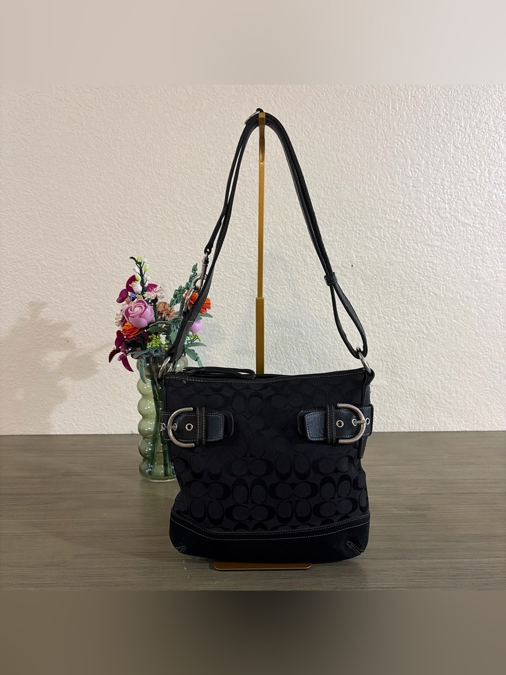 Black Signature Jacquard Shoulder Bag with Buckle Detail